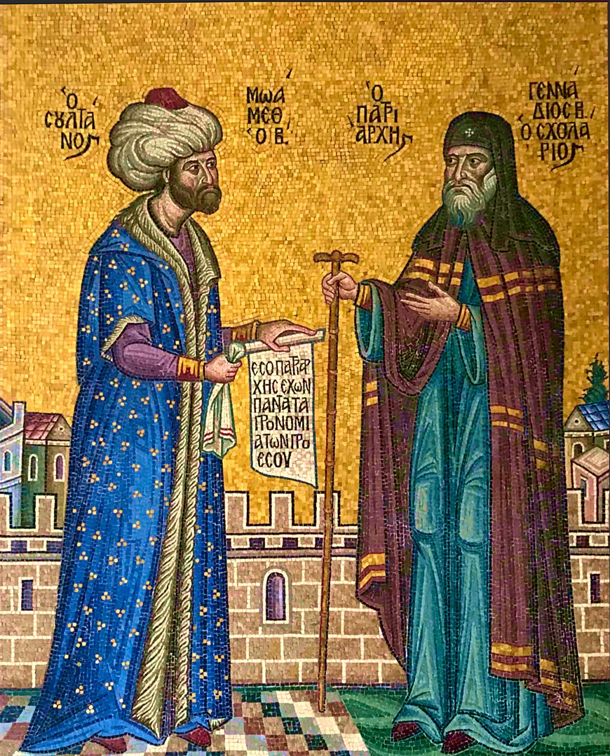 Sultan Mehmet II and Patriarch Gennadios II Scholarios. Modern mosaic by Soterios Varvoglis in the Patriarchal palace of Istanbul (source: Wikimedia Commons)