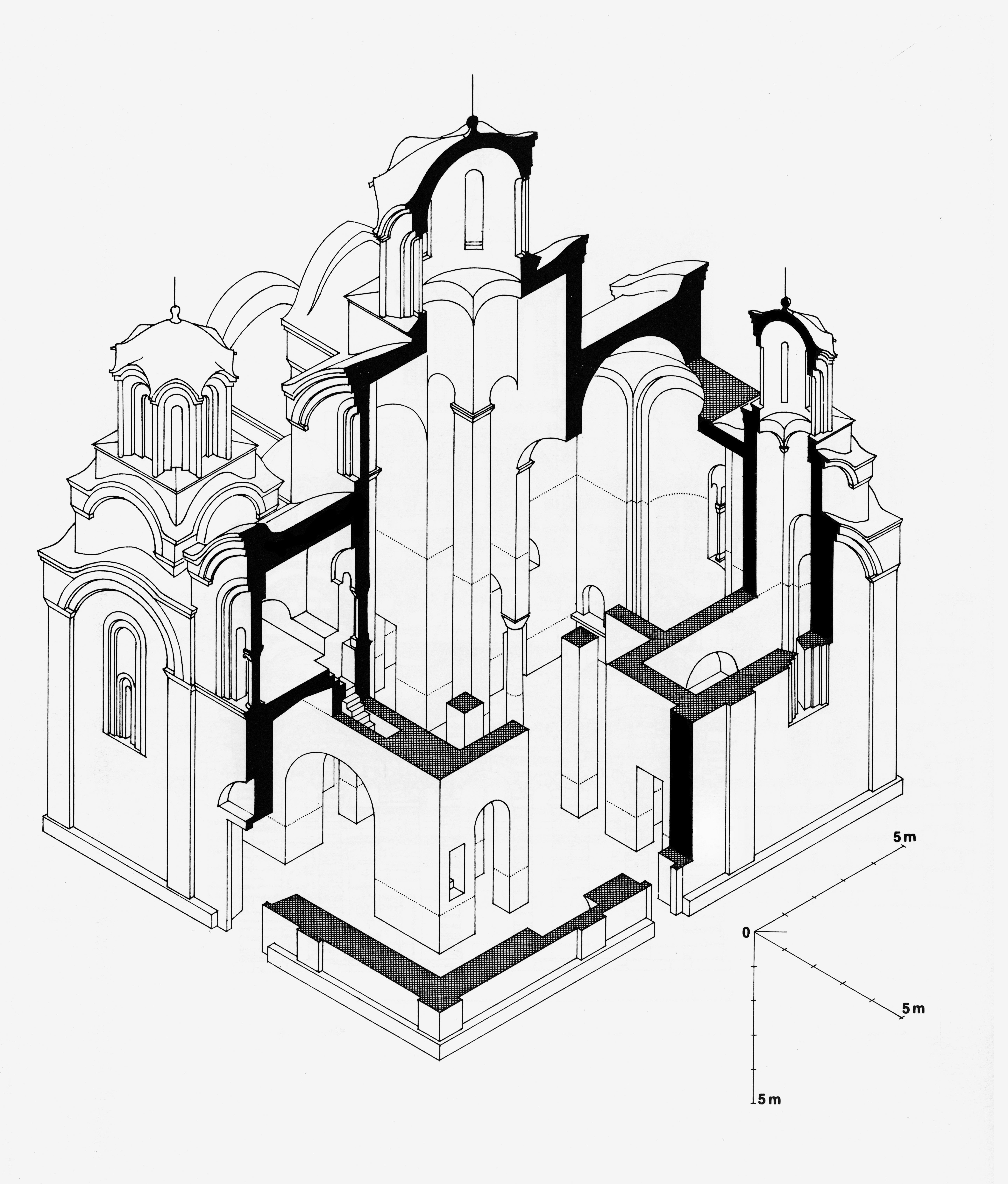 Axonometric representation of the original Dormition Church of the Gračanica Monastery, without exonarthex (source: Ćurčić, Gračanica)