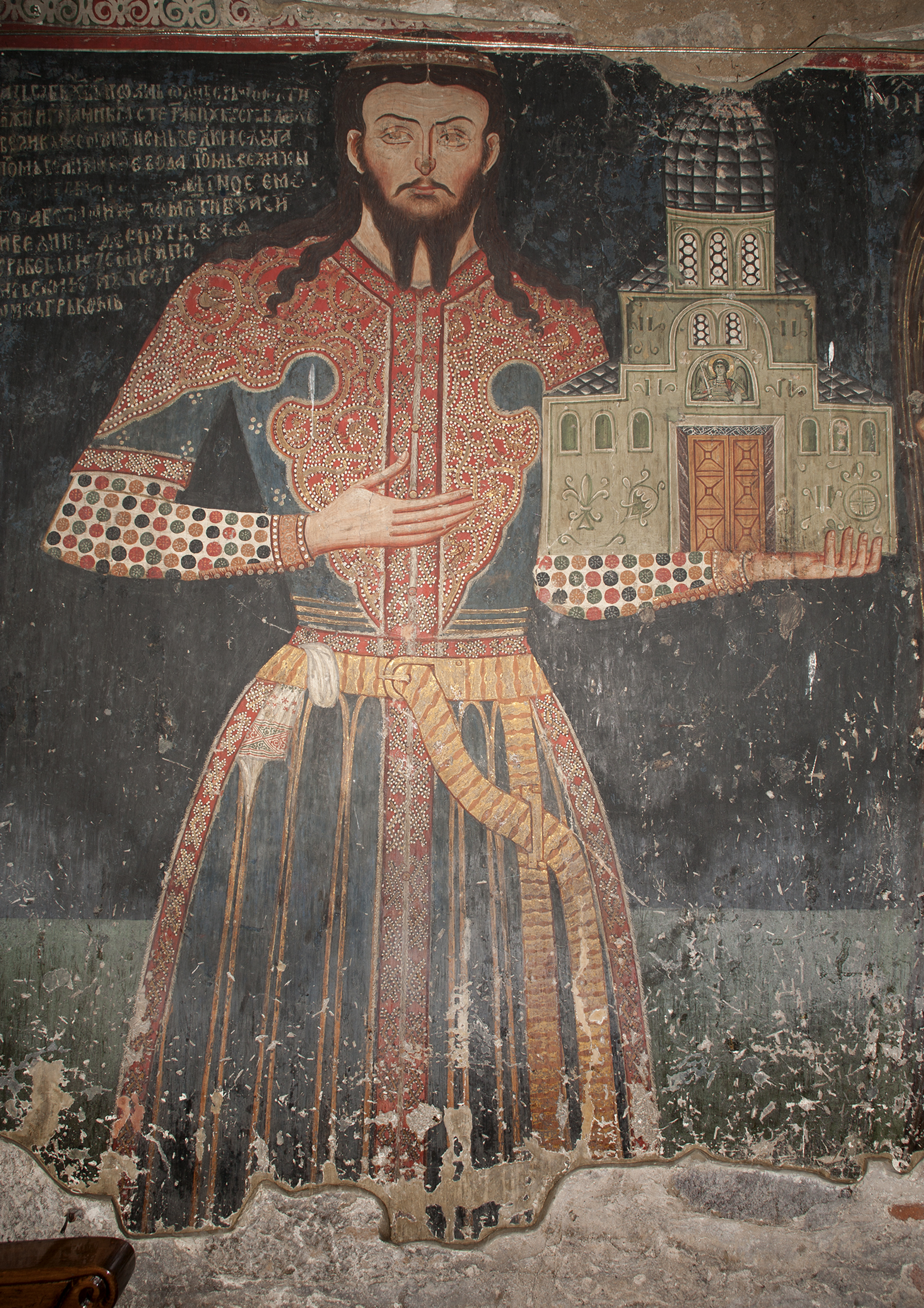 Donor Voivode Jovan Oliver wearing the beshmet, St. Archangel Michael Church in Lesnovo Monastery, 1342, detail of a fresco, North Macedonia (source: T. Vuleta)