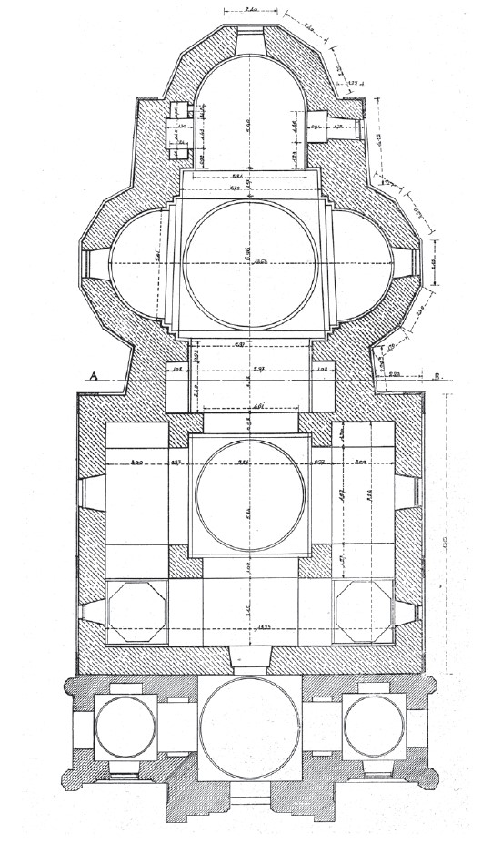 Plan of the Church (from Popescu, Oana Mădălina, (Arhim.) Chițulescu, Policarp and (Arhim.) Șofelea, Nectarie. Sfânta Mănăstire Radu Vodă din București. Bucharest: Basilica, 2018, p. 120)