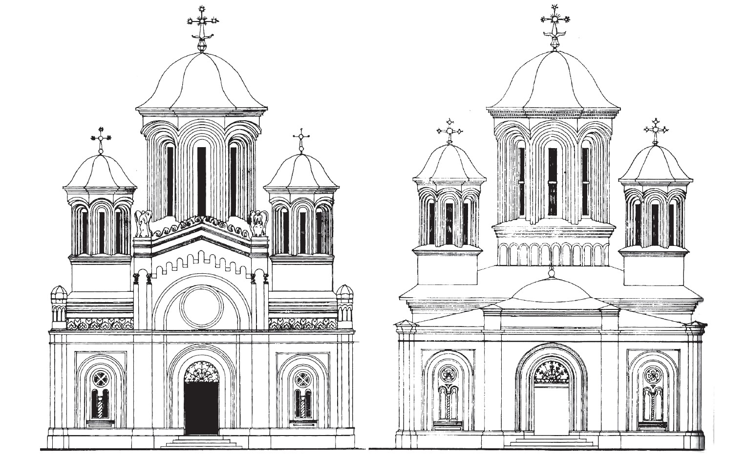 Monastery’s porch before and after restoration (from Popescu, Oana Mădălina, (Arhim.) Chițulescu, Policarp and (Arhim.) Șofelea, Nectarie. Sfânta Mănăstire Radu Vodă din București. Bucharest: Basilica, 2018, p. 121)