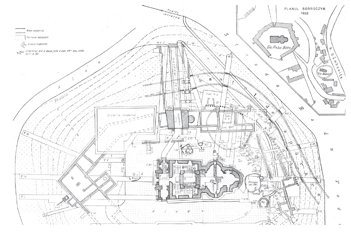 The archeological site by Ionașcu-Zirra (from Popescu, Oana Mădălina, (Arhim.) Chițulescu, Policarp and (Arhim.) Șofelea, Nectarie. Sfânta Mănăstire Radu Vodă din București. Bucharest: Basilica, 2018, p. 124)