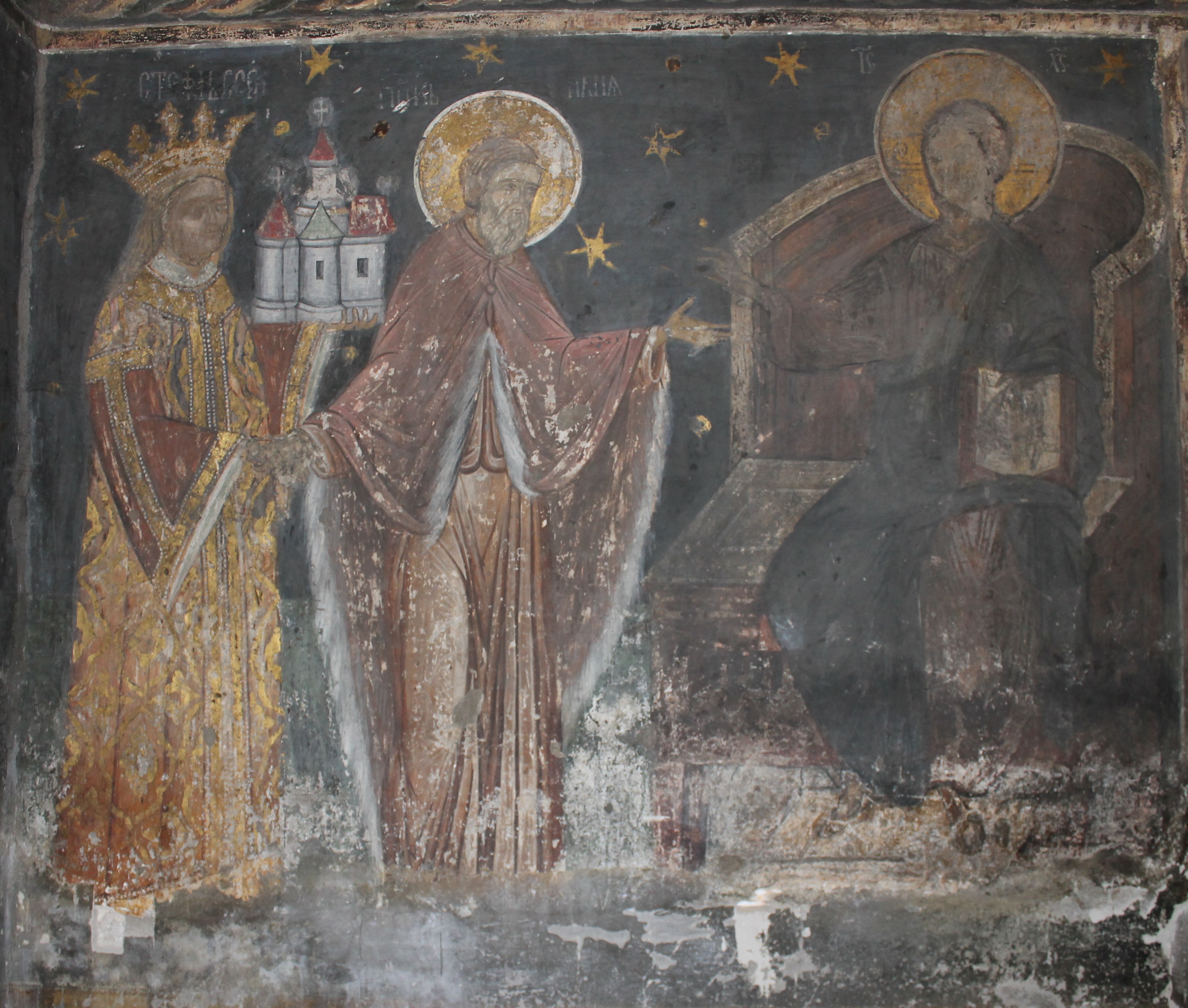 The votive portrait of the voivode Stephen III, introduced before Christ by the Prophet Elijah, naos, western wall, the church of the Prophet Elijah, Suceava, Romania, post 1488 (source: A. Dumitrescu)