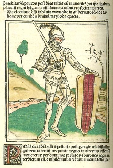 John Hunyadi of Transylvania (r. 1441-46) and governor of Hungary (1446-53), 15th c. woodcut from John of Thurocz’s Chronica Hungarorum (source: Wikimedia)