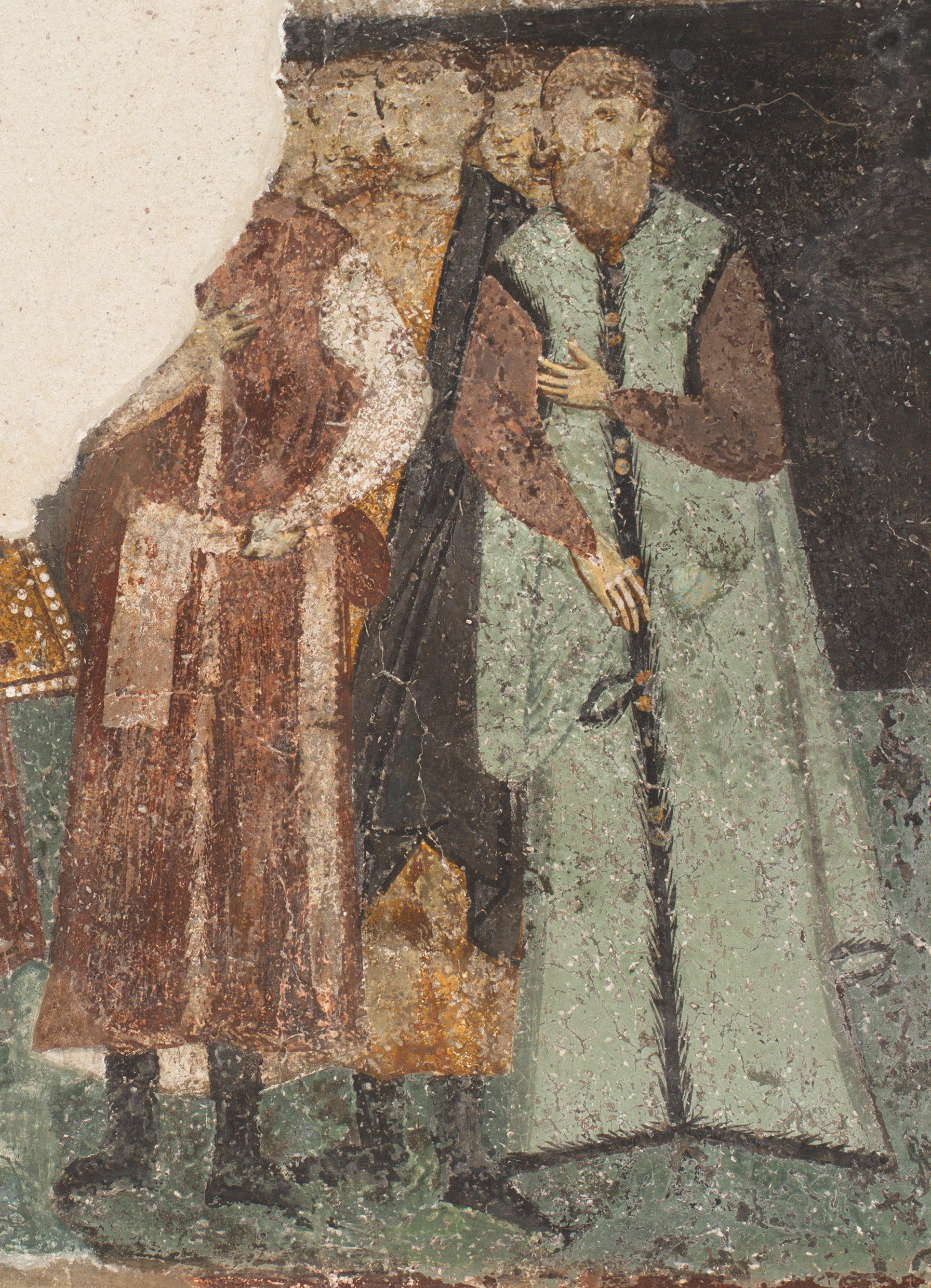 Serbian noblemen in the Christmas Hymn wearing the kontuš and the šuba, the porch of Žiča Monastery, 1309–16, detail of a fresco, Serbia (source: Branko B. Jovanović)