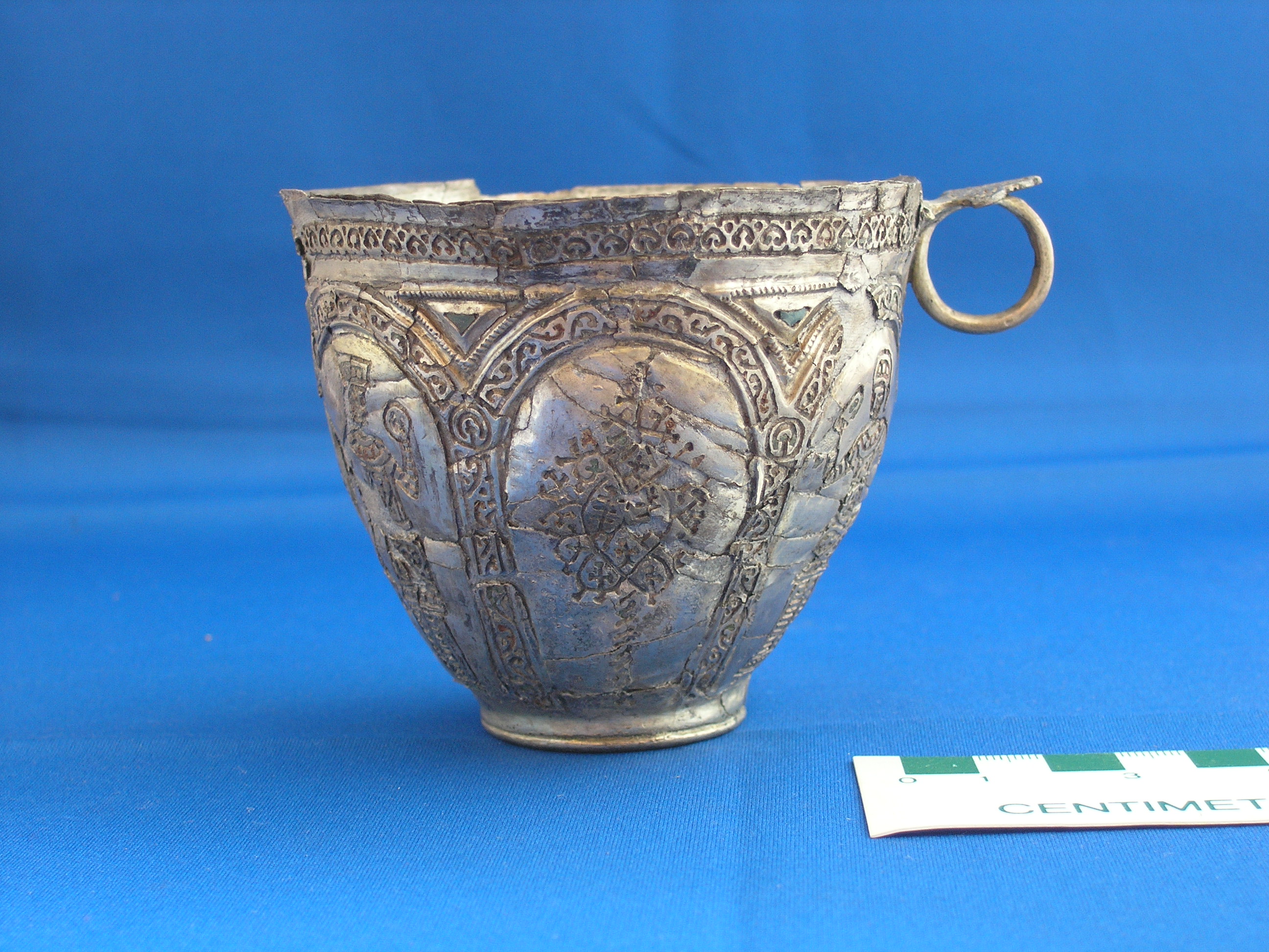 The Byzantine enameled guilt belt cup, decorated with the motives of spring garden and dancing girls (restored). Institute of Archeology of Academy of Sciences of Ukraine. (source: Y. Rassamakin)