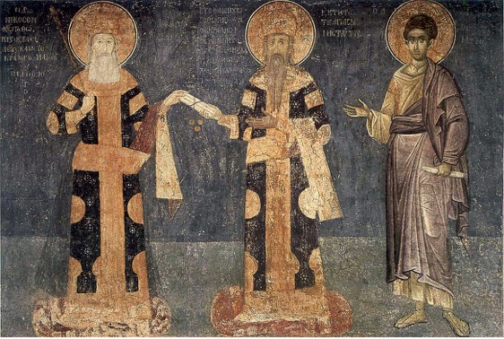 Fresco painting of Emperor Andronikos II Palaiologos (r.1282–1328) and his son-in-law Serbian king Milutin with St Stephen the Protomartyr, patron of the Serbian dynasty of the Nemanjić, Monastery Hilandar on Mount Athos, renovated by King Milutin, 1300–10 (source: V. Stanković)