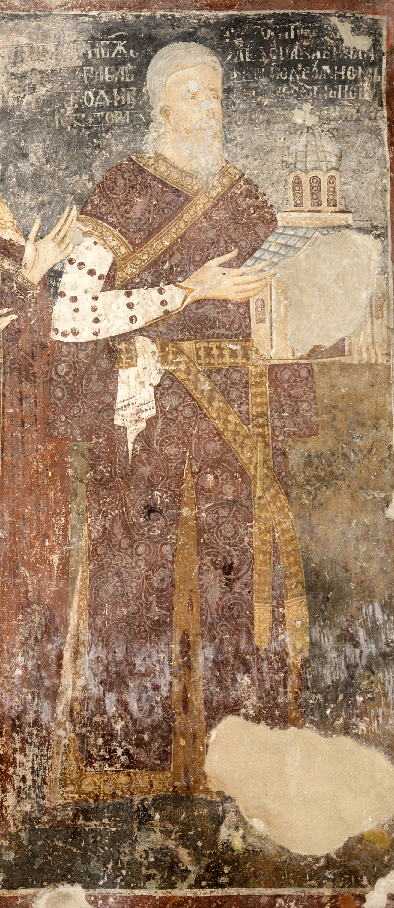 Donor Župan Petar Brajan wearing the deel, The White Church of Karan, 1338–39, detail of a fresco, Serbia (source: Zoran B. Jovanović)