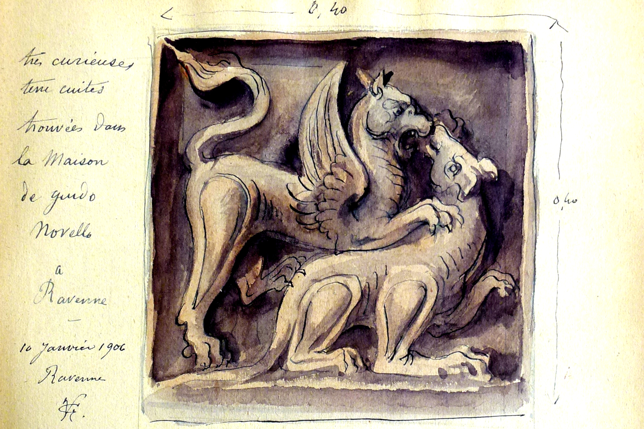 Gaston Virebent, (detail) drawing of a terracotta found in Ravenna exhibited at the National Museum (private collection - Les Amis de Virebent)