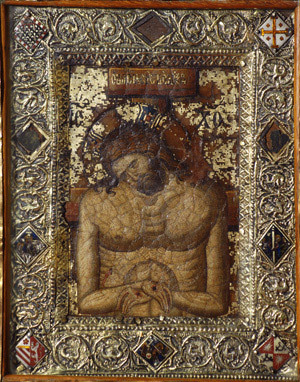 The Man of Sorrows, micromosaic, Santa Croce in Gerusalemme, Rome, 14th century (source: https://cb5116.omeka.fas.harvard.edu/exhibits/show/man_of_sorrows_evolution/gerusalemme)