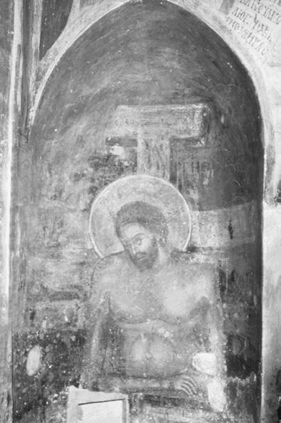 The enlivened Man of Sorrows, apse of the prothesis, The Kalenić Monastery, Serbia, ca. 1418 (source: https://docplayer.net/51449648-Jerusalem-as-narrative-space-erzahlraum-jerusalem.html)