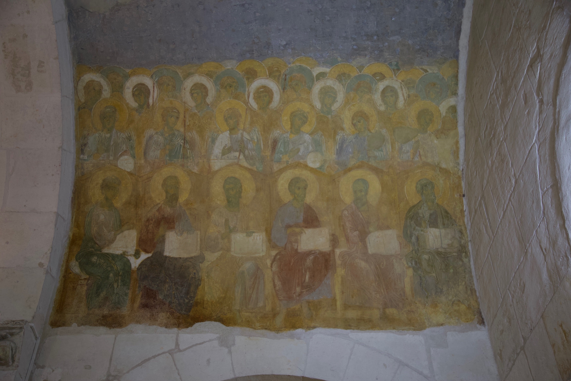 Interior view of large vault beneath west gallery, Apostles and angels, Cathedral of St. Demetrios, 1193-97, Vladimir (source: J. Willson)