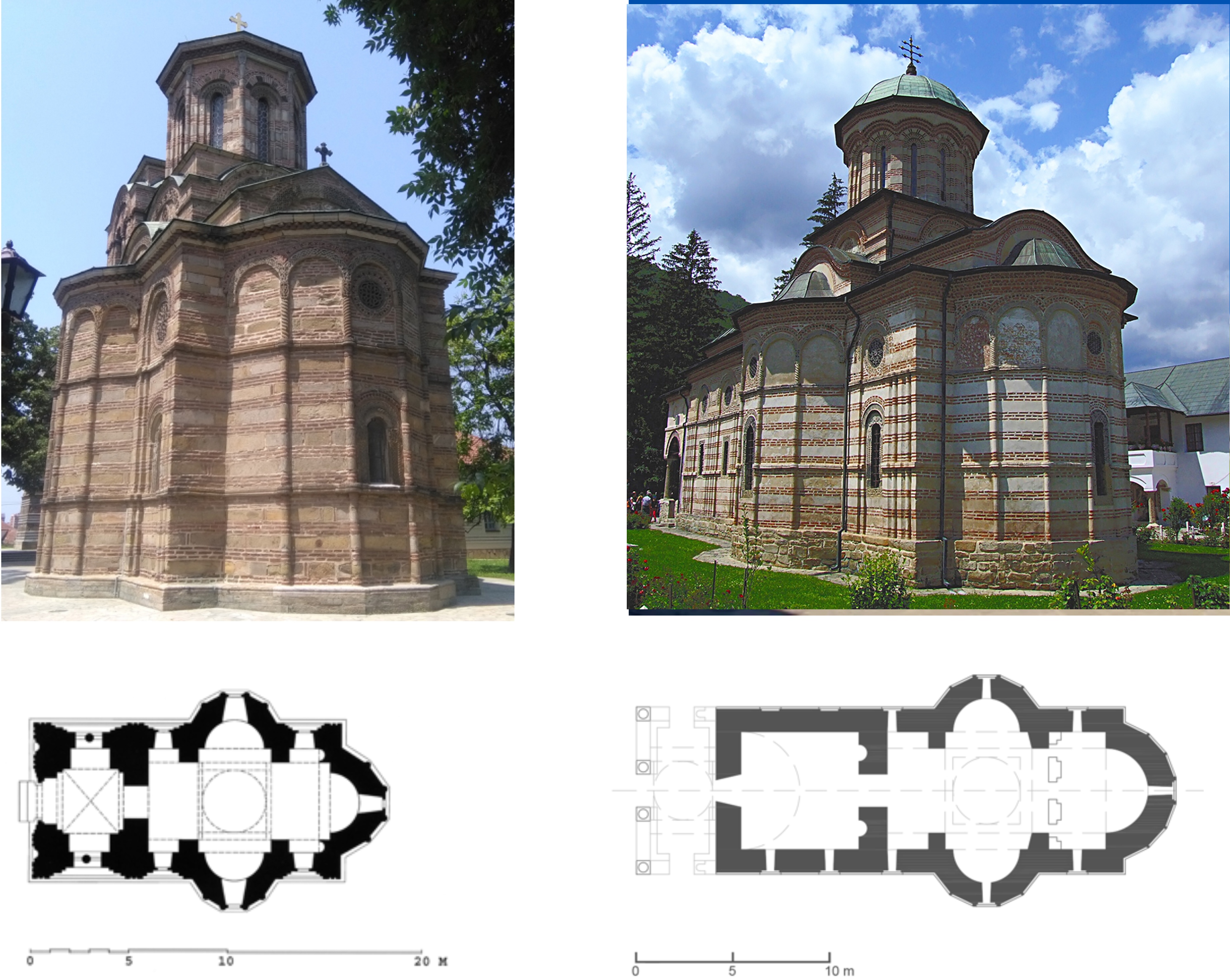 Comparative analysis of typical examples of triconch churches in Serbia and Wallachia: A The Church of the Holy Protomartyr Stephen (Lazarica), Serbia, ca. 1375–78, exterior view and floor plan; B The Holy Trinity Church at Cozia Monastery, Wallachia, ca. 1387–91, exterior view and floor plan (source: Courtesy Ivan Krstić; Drawing: Jelena Bogdanović; B Photo: Christian Chirita; Drawing: Tianling (Rusty) Xu) 