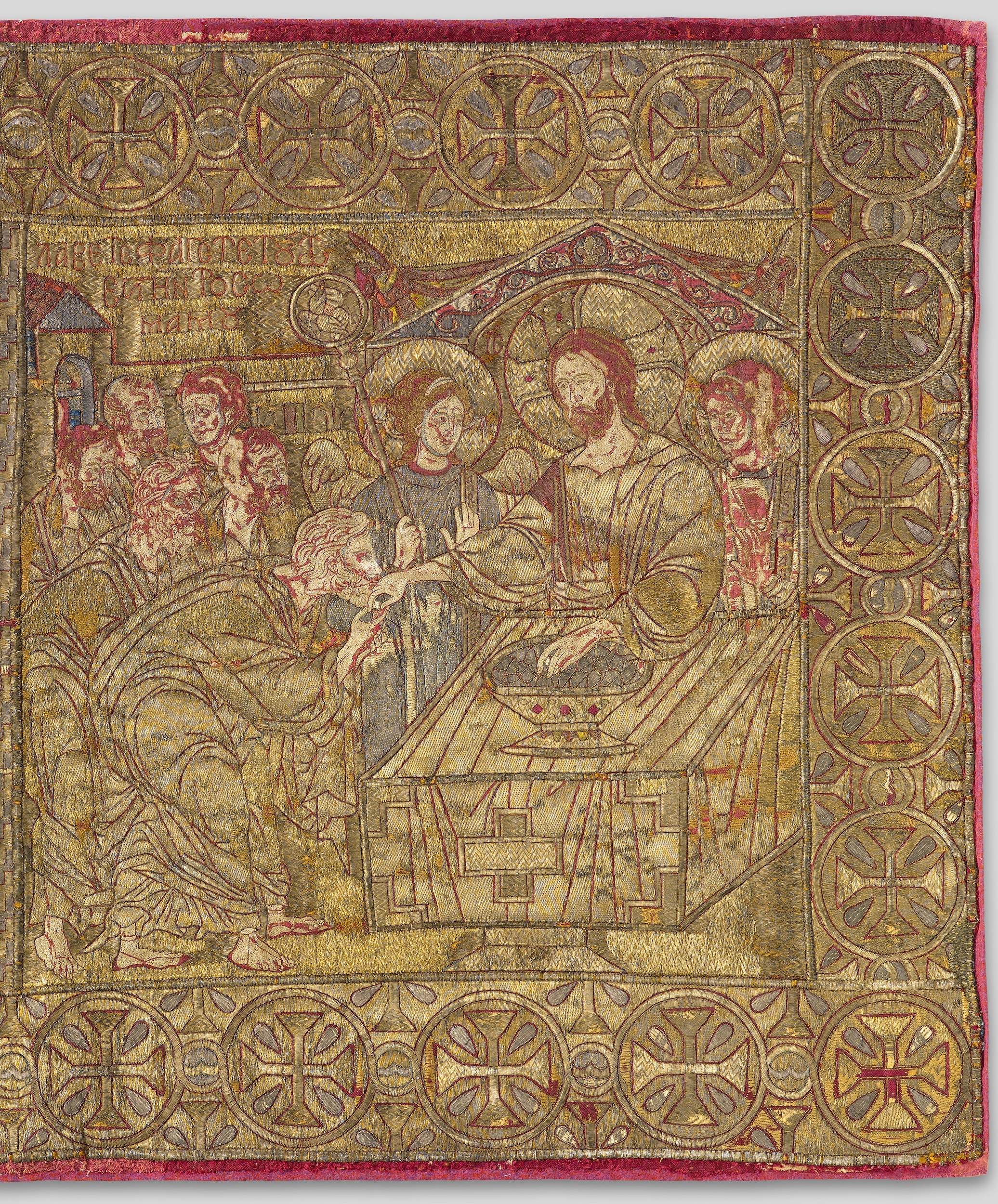 Thessaloniki Epitaphios, detail of the communion of the bread, ca. 1300, embroidered textile, Museum of Byzantine Culture, No. ΒΥΦ 57, Thessaloniki, Greece (source: Hellenic Ministry of Culture and Sports. Museum of Byzantine Culture, Thessaloniki)