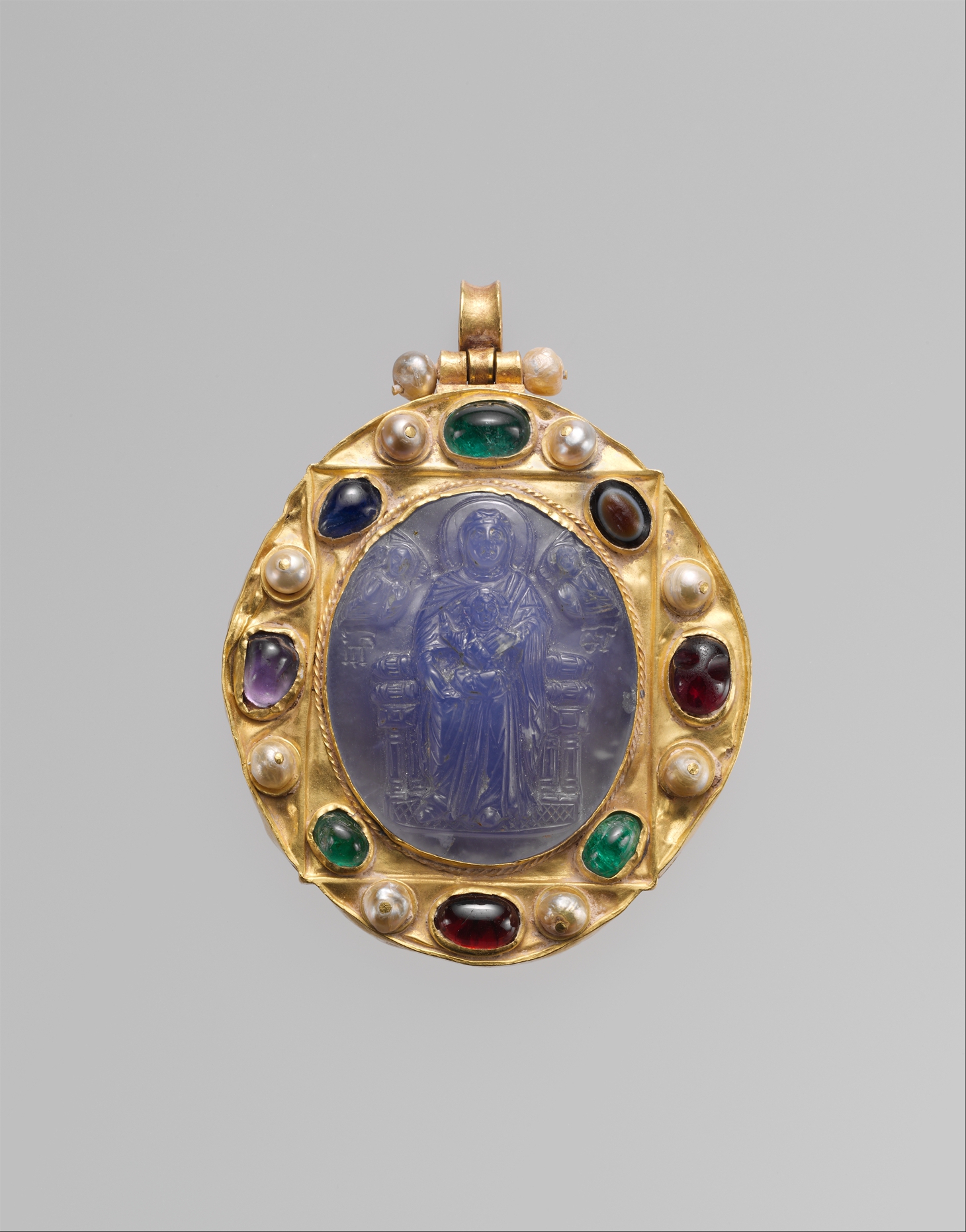 Pendant Brooch with Cameo of Enthroned Virgin and Child and Christ Pantokrator
late 1000s–1100s (cameo); 1100s–1300s (mount) 
Chalcedony cameo; gold mount with pearls, emeralds, garnets, sapphires, and a sardonyx intaglio
Public Domain – from Metropolitan Museum of Art
 