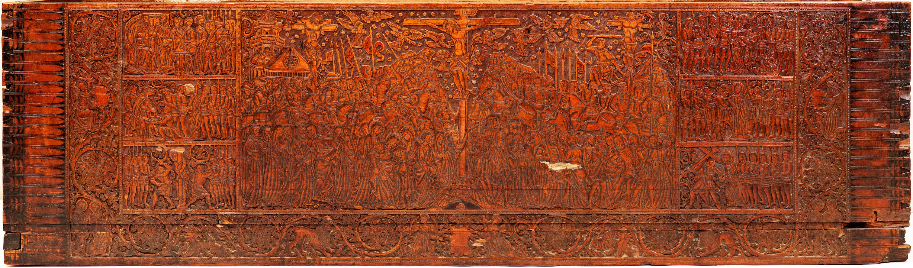 Detail of the front panel with the Crucifixion, Wooden Sacristy Chest, ca. 1450, carved, stamped, and punched cypress with ink drawing, likely of Italian origin, Collection of Putna Monastery, Romania (source: Putna Monastery)