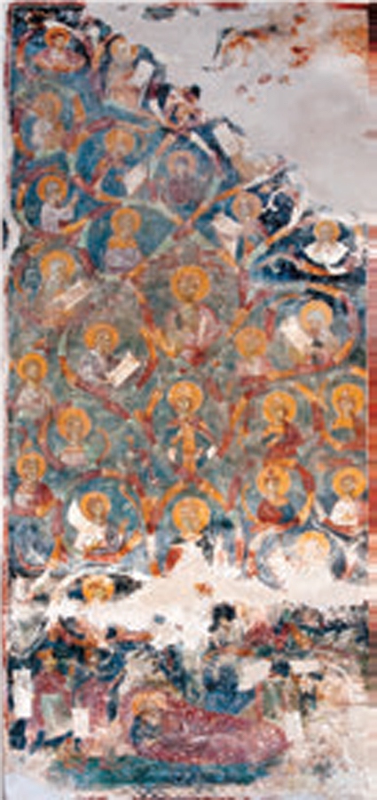 The Genealogical Tree of the Nemanjić, Komnenian and Assen dynasty, Narthex, Church of the Dormition of the Mother of God, Mateič monastery, 1348–52 (source: Dimitrova, The Church of the Holy Mother of God)