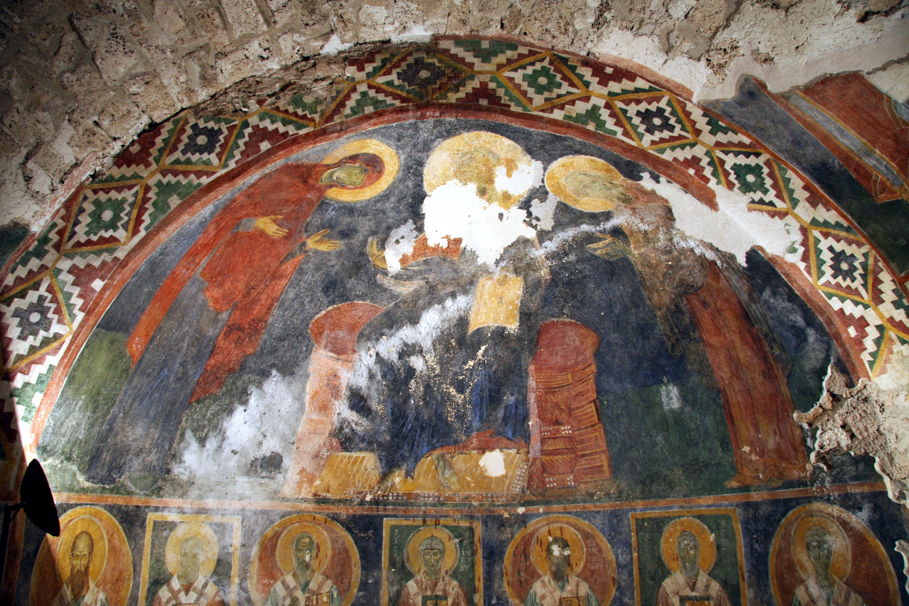 Deësis, the 12th century, fresco painting, the apse of the crypt of the Bachkovo Ossuary (source: J. Đorđević)