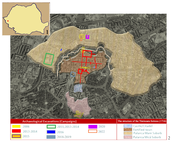 1: Timișoara on the map of Romania; 2: Timișoara Fortress units and archaeological campaigns (overlay and graphic processing by A. Gașpar); (source: Gașpar 2023, Fig. 1.1-2)