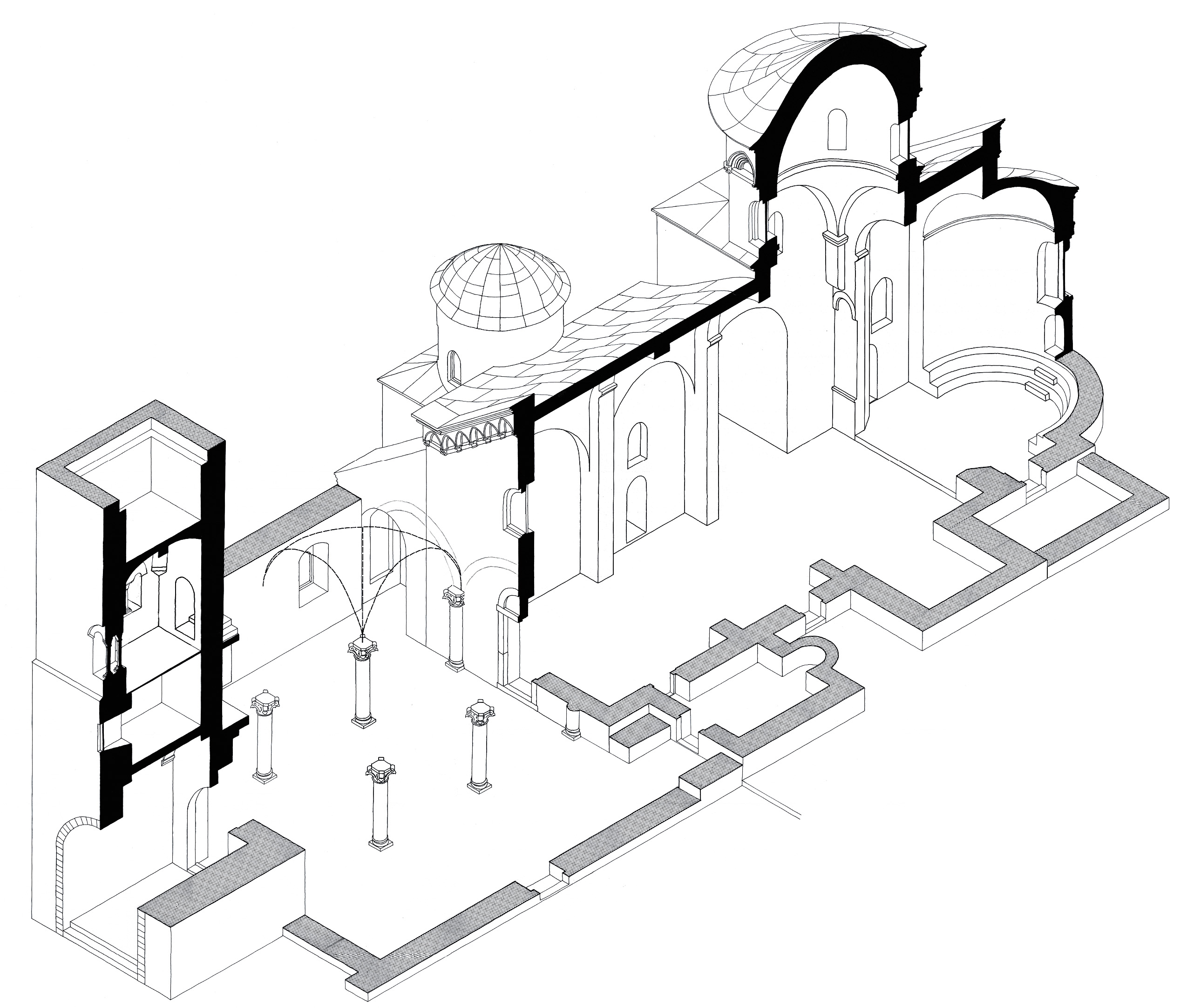 Axonometric representation of the Ascension Church, Žiča Monastery (source: M. Čanak-Medić)