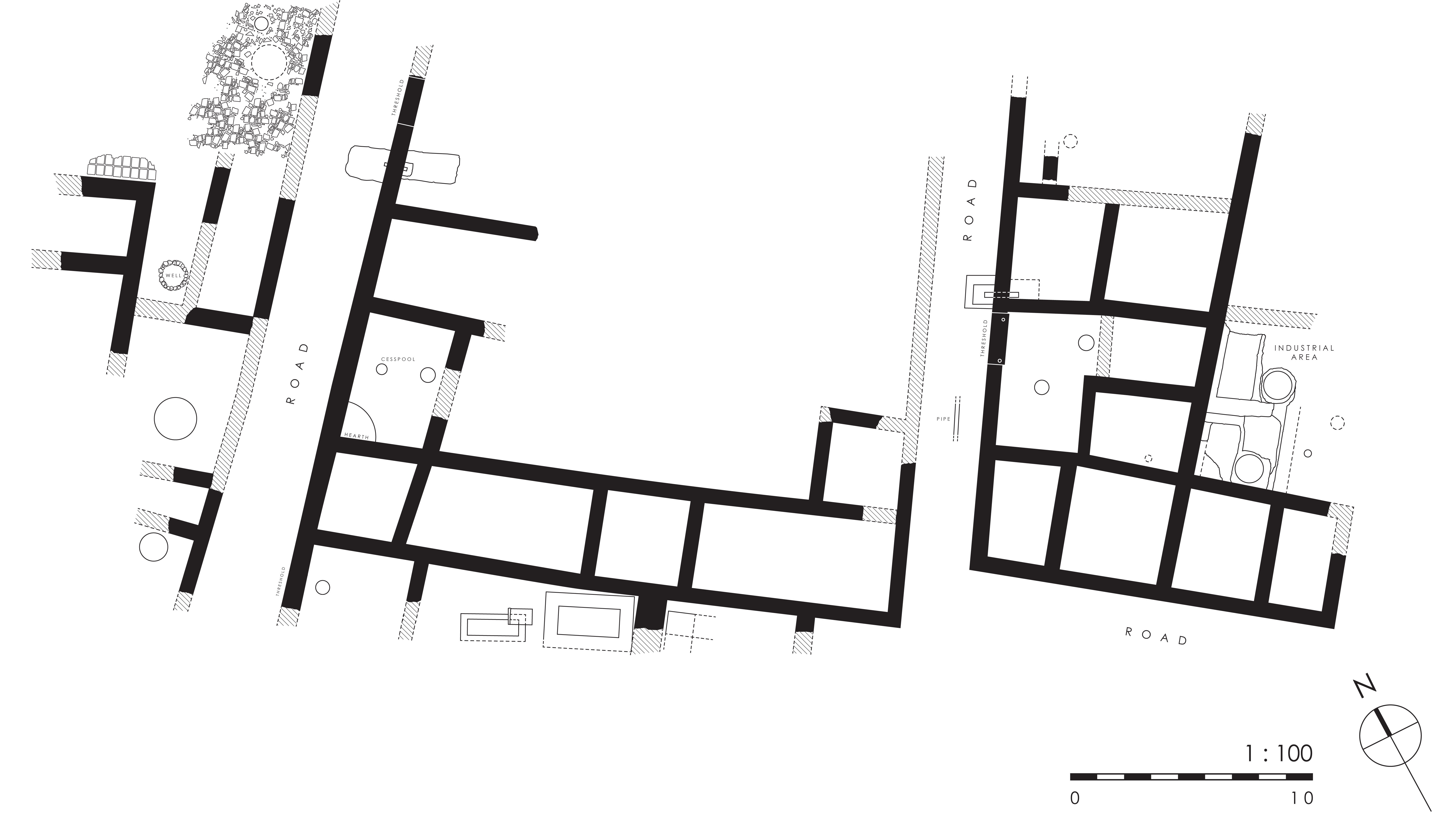 Architectural plan of three Middle Byzantine houses divided by two NS running streets (Section MM). (Drawing by F. Kondyli and L. Leddy)