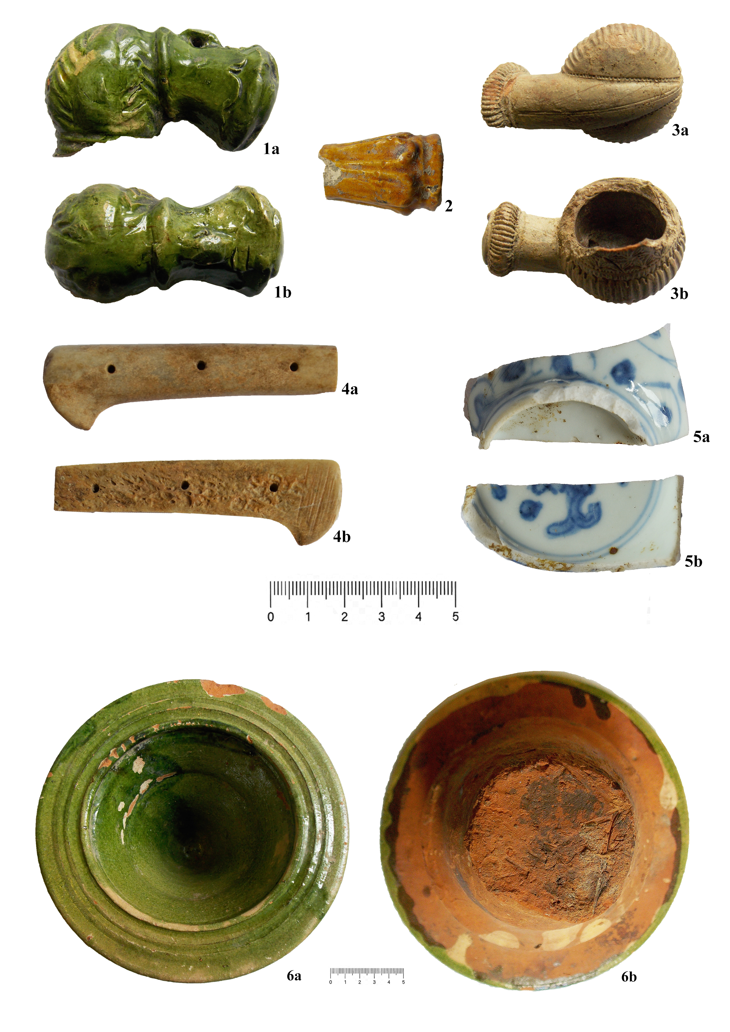 1a, b, 2a, b: Ottoman smoking pipe (2nd half of the 17th century); 3a, b: Ottoman smoking pipe (17th century); 4a, b: Bone handle (2nd half of the 16th century–end of the 17th century); 5a, b: Chinese porcelain cup (1st half of the 17th century); 6a, b: Cup-shaped stove tiles (16th–17th centuries) (photos by A. Gașpar). (source: Gașpar 2023, Fig. 8)