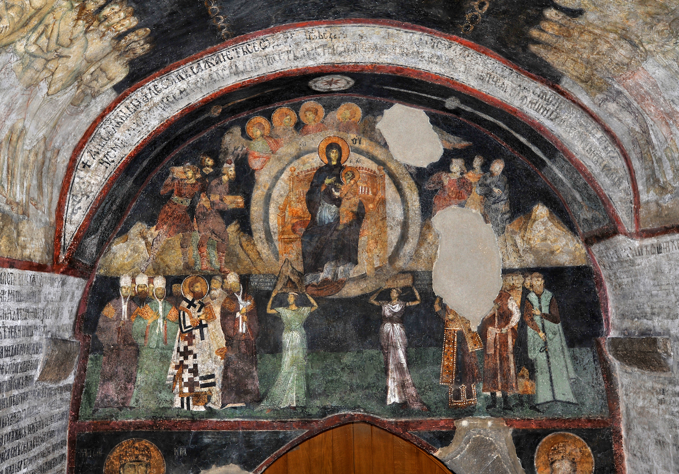 Depiction of Anatolios’ Christmas sticheron “What shall we offer you, Christ,” 1309-16, eastern wall of the porch on the ground floor of the tower, Ascension Church, Žiča Monastery (source: Institute for the Protection of Cultural Monuments of Serbia – Belgrade)
 