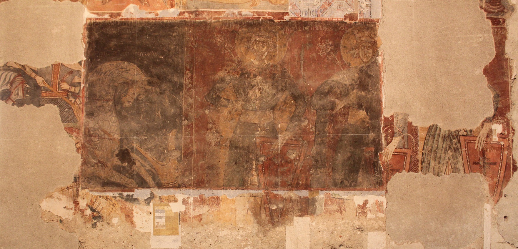 Military saints on horseback and Holy Kings of Hungary, after 1404, lower register of the nave’s northern wall, Church of St. Nicholas in Ribița,  Hunedoara County, Romania (source: D. Gh. Năstăsoiu)
 