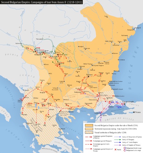 Map showing Second Bulgarian Empire under Boril and the expansion of its territories under John Asen (source: https://en.wikipedia.org/wiki/Second_Bulgarian_Empire#/media/File:Campaigns_of_Ivan_Assen_II.png)