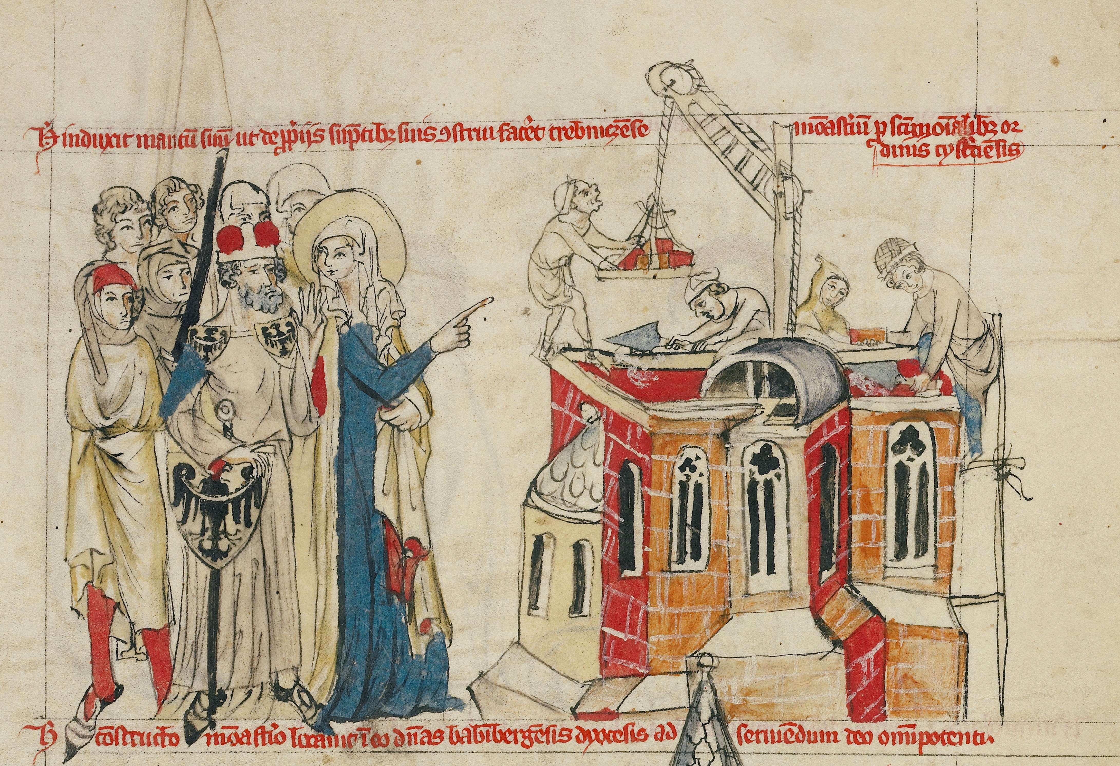 Hedwig of Andechs, duchess of Silesia, and the building of Trzebnica Convent; image from the Schlackenwerther Codex containing the vita of Saint Hedwig, Silesia, mid-14th century. Los Angeles, J. Paul Getty Museum, Ms. Ludwig XI 7 (83.MN.126), fol. 56r (detail). Digital image courtesy of the Getty’s Open Content Program. 