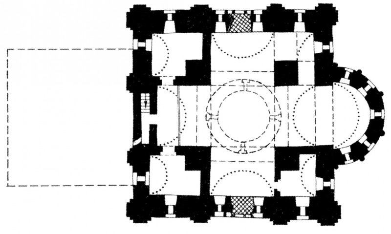 Plan at the gallery level, Church of the Transfiguration of Our Savior on Ilyina Street, 1374, Veliky Novgorod (source: Pravoslavnyĭ Svi͡ato-Tikhonovskiĭ Gumanitarnyĭ Universitet)