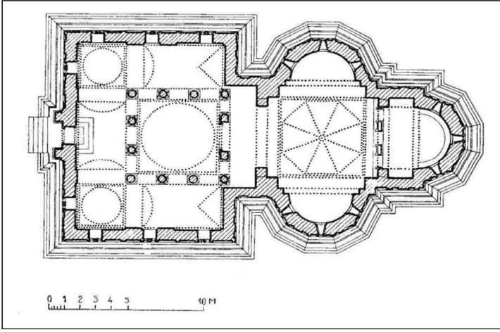 The church of Curtea de Argeș, ground-floor plan (source: Lăzărescu, Biserica Mănăstirii Argeșului)