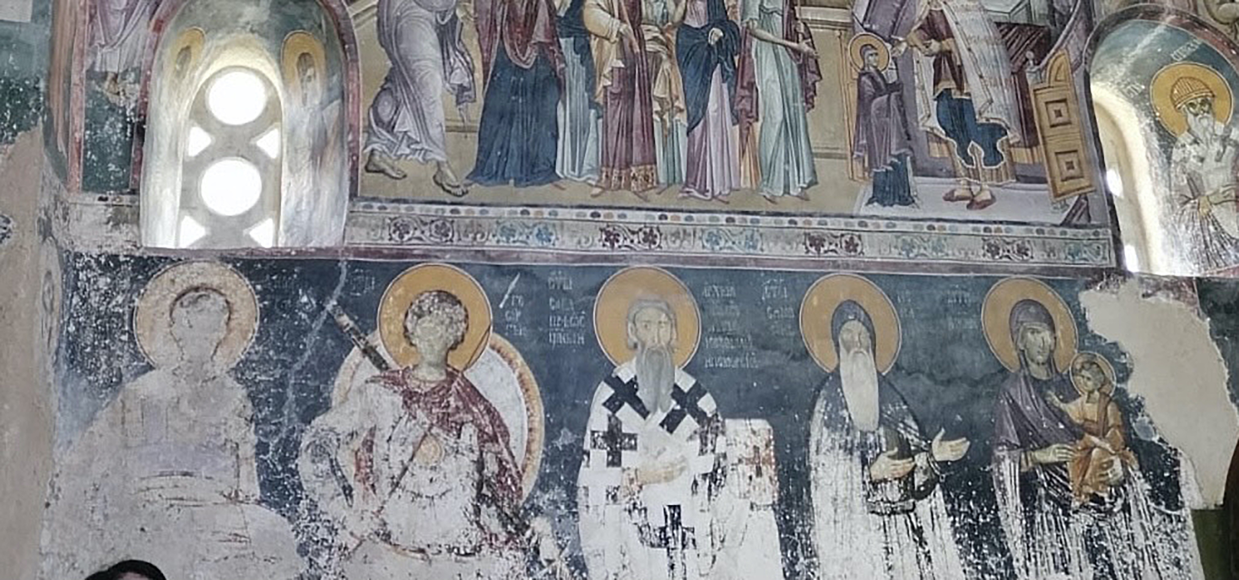 Procession with the representations of St. Dimitrios, St. George, St. Sava and St. Simeon, ca. 1318–19, north wall, King’s Church, Studenica Monastery (source: N. Bogojević)