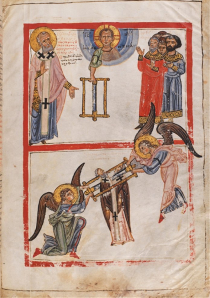 The sawing of Areios, Switzerland, Basel, University Library, codex Basiliensis AN I 8, f. Er, miniature, late 12th century (source: e-codices – Virtual Manuscript Library of Switzerland)