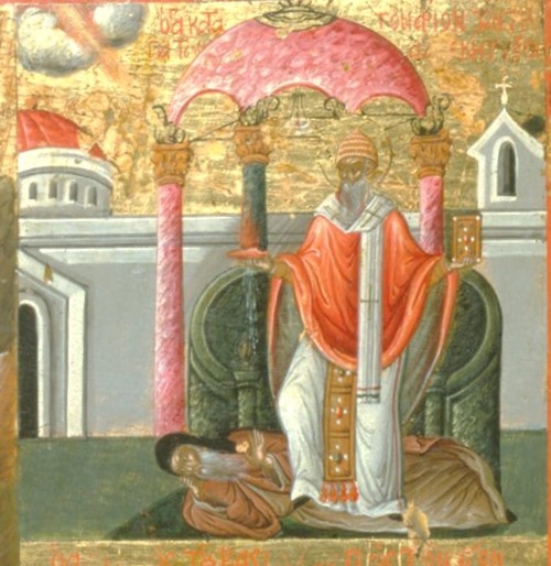 (detail) Theodoros Poulakis, Icon of St. Spyridon and Areios, 1650–1699. Benaki Museum, Athens (source: Benaki Museum Digital Collection)