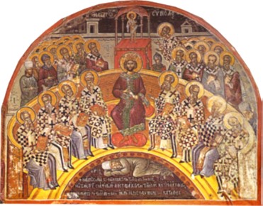 The First Ecumenical Council, mural, narthex of katholikon, 1545, Stavronikita Monastery, Mount Athos (source: Wikimedia Commons)