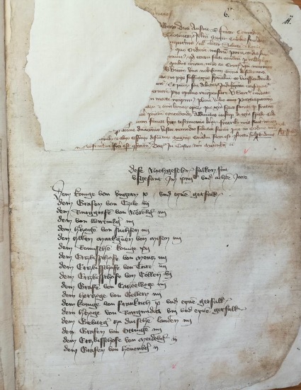 List of recipients of flacons from the Ordensland in 1408, Berlin, Geheimes Staatsarchiv Preußischer Kulturbesitz, XX. Hauptabteilung, Ordensfoliant 3: Registrant der Hochmeister Konrad und Ulrich von Jungingen (1396-1409), S. 6 (used with permission)