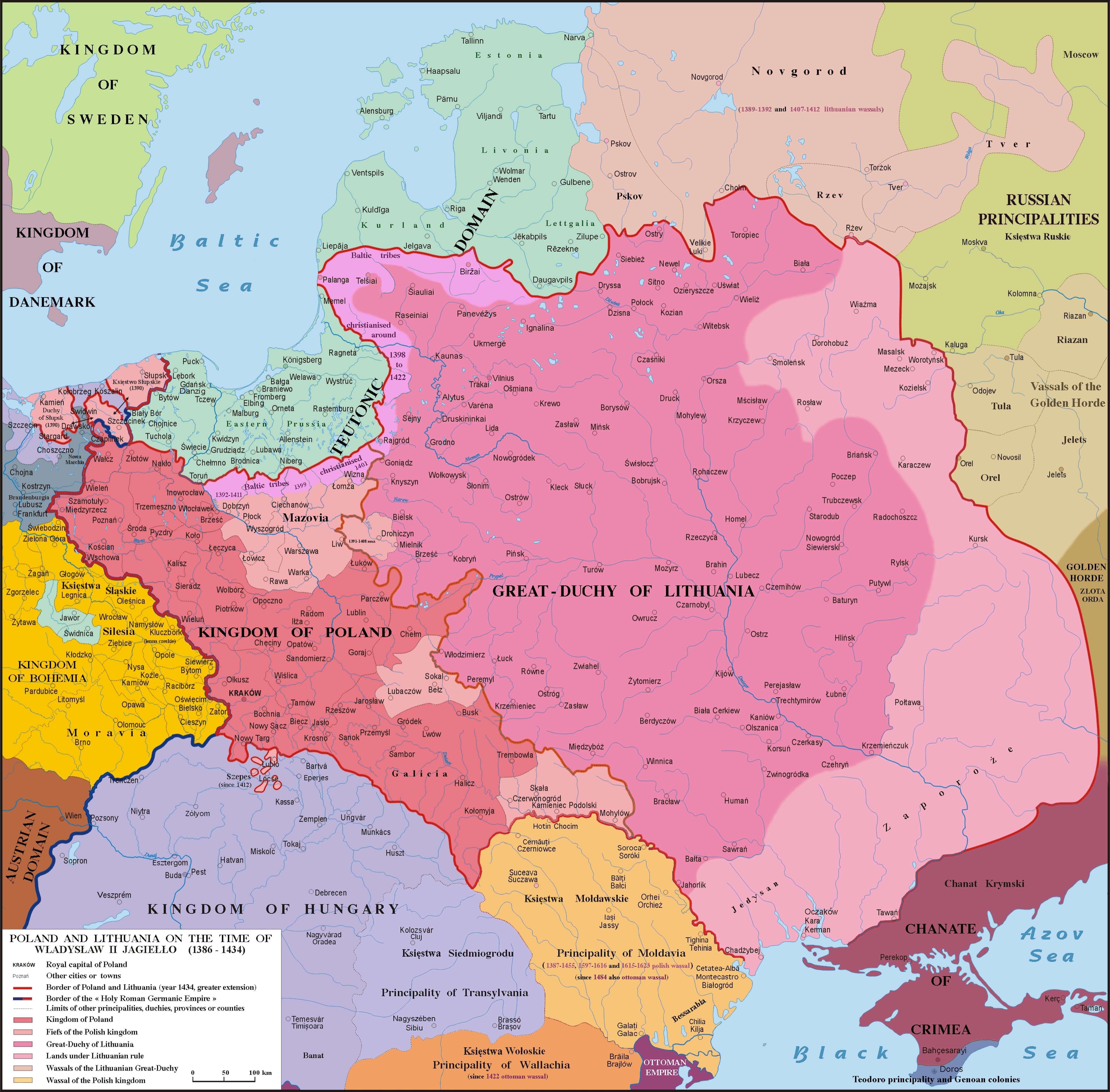 Map of Poland and Lithuania under Ladislaus II Jagiellon (1386-1434) Source: Wikipedia Commons 