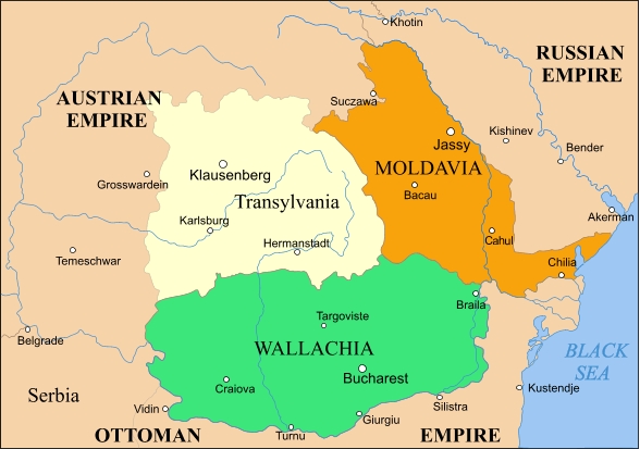 The Romanian Principalities of Wallachia, Moldavia, and Transylvania (source: Wikimedia)