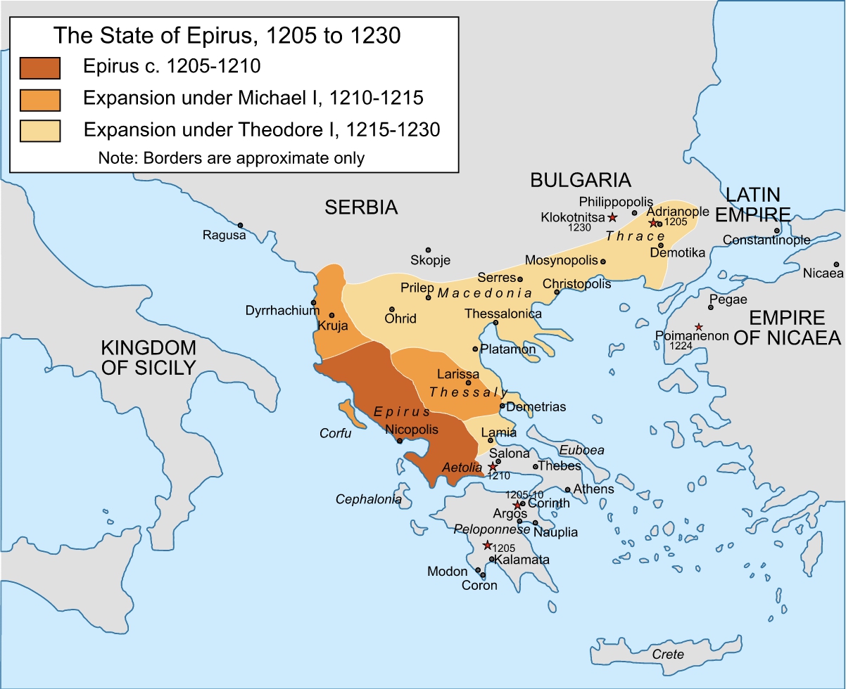 Map of Epirus, 1205-1230. Cplakidas, CC BY-SA 4.0 <https://creativecommons.org/licenses/by-sa/4.0>, via Wikimedia Commons

 