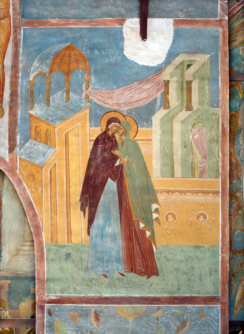 Dionisy and his workshop, The Visitation of Mary and Elizabeth, Akathistos Hymn, Eikos 3, 1502, wall-painting, central crosswise nave, west view, The Nativity of the Mother of God church, Ferapontovo Monastery, Vologda, Russia (source: Wikimedia)