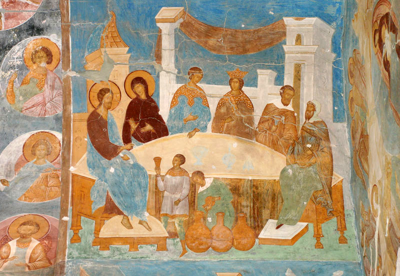 Dionisy and his workshop, The Marriage in Cana of Galilee, 1502, wall-painting, central crosswise nave, east view, The Nativity of the Mother of God church, Ferapontovo Monastery, Vologda, Russia (source: Wikimedia)