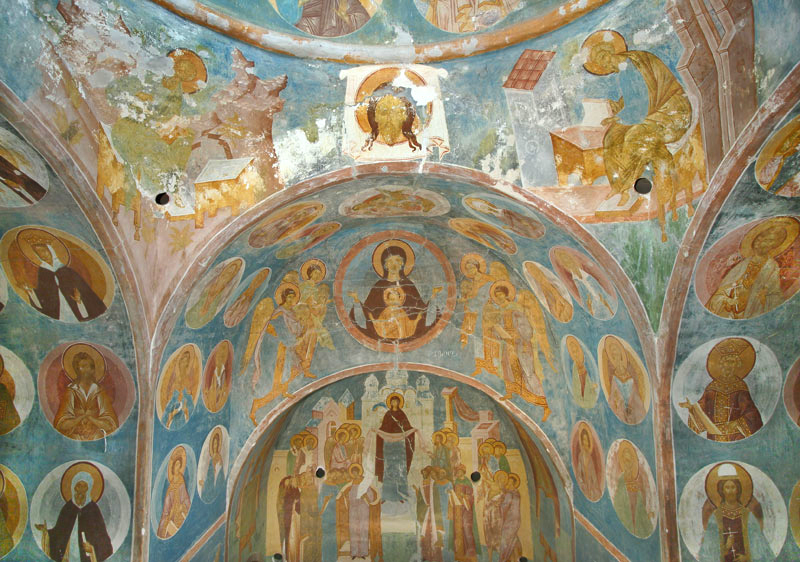 Dionisy and his workshop, Mother of God with Archangels, 1502, wall-painting, central crosswise nave, east view, The Nativity of the Mother of God church, Ferapontovo Monastery, Vologda, Russia (source: Wikimedia)