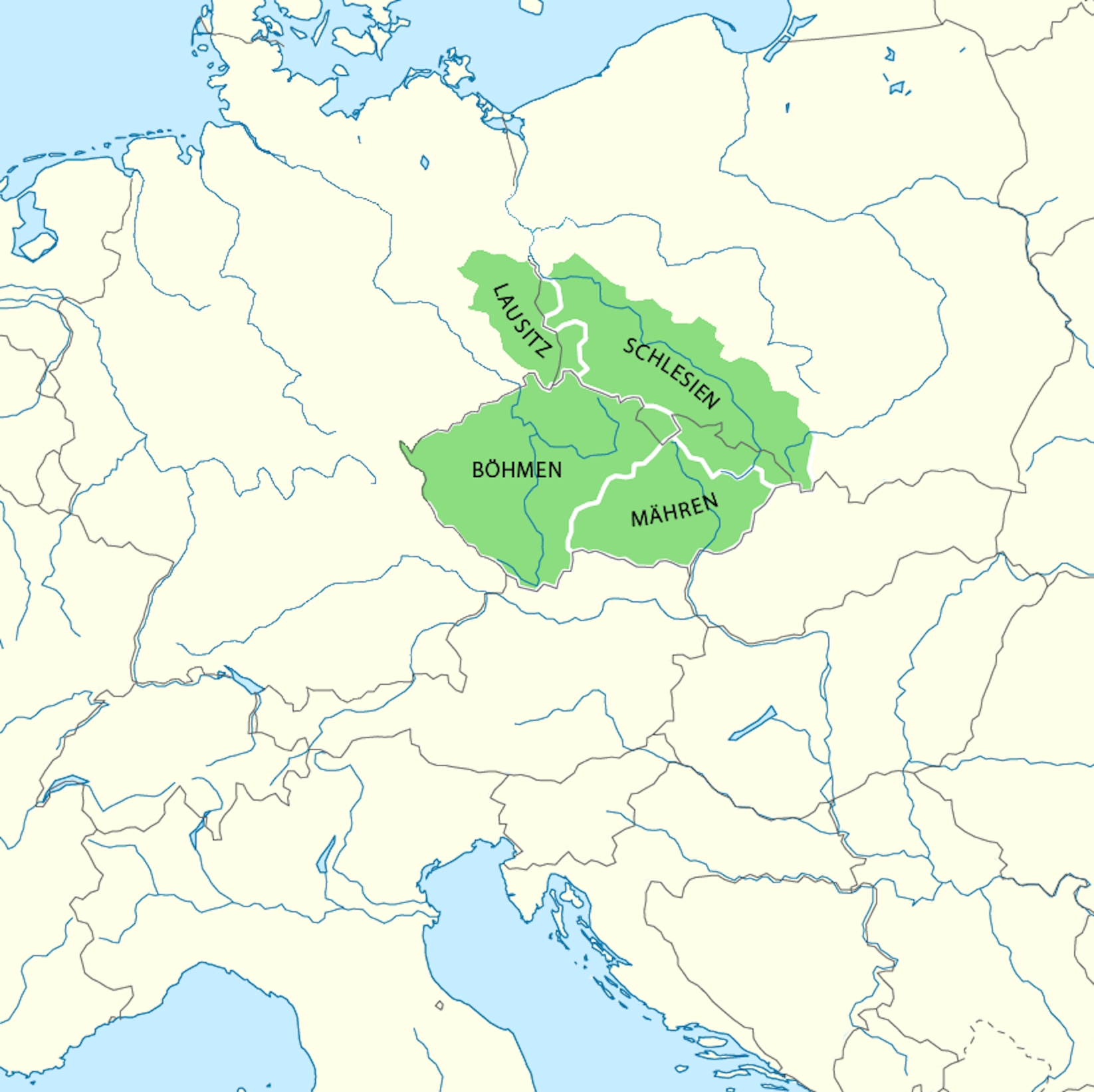 The lands of the crown of Bohemia (Bohemia, Moravia, Lusatia and Silesia) in the late Middle Ages. Source: Wikipedia Commons 