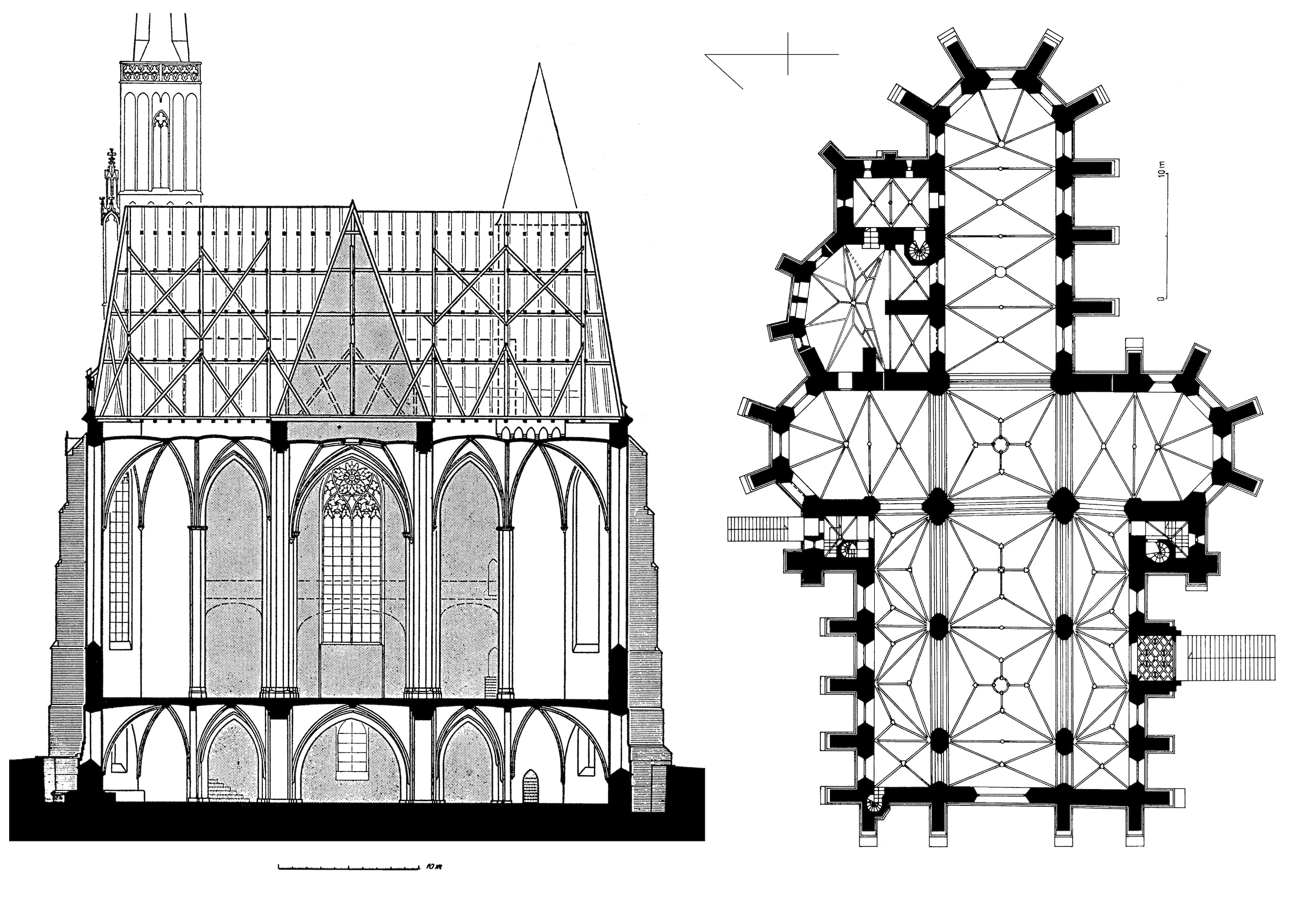 Wrocław, the Collegiate Church of the Holy Cross, 1290–c. 1380, cross-section and ground plan (source: after J. Adamski, Gotycka architektura…, p. 412)