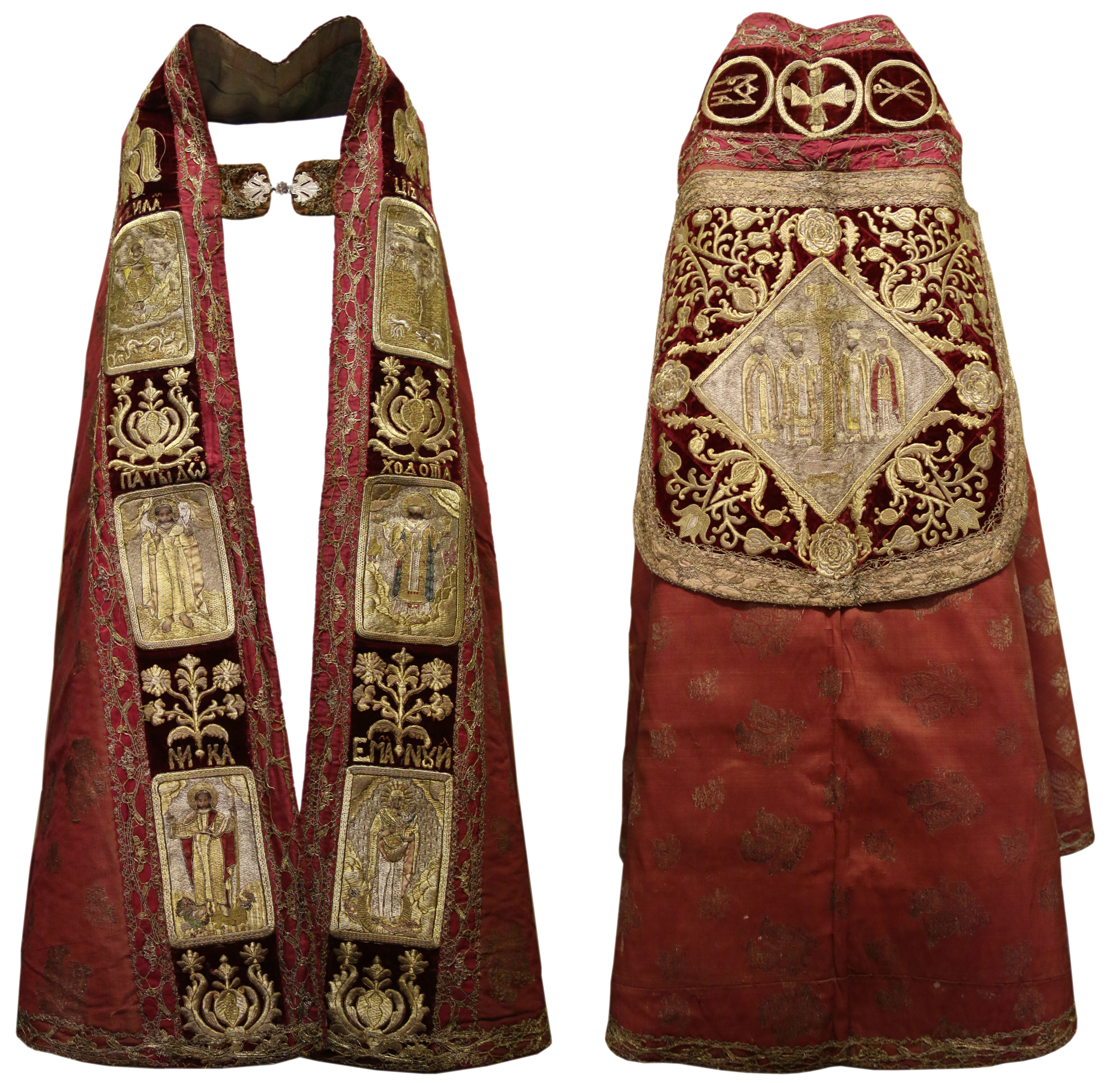 Cape. Second half of the 17th century. From the Armenian cathedral in Lviv. Lviv workshop (?). Velvet, embroidery with metal (golden and silver) and silk threads, oil painting (source: Andrei Sheptytskyi National Museum in Lviv).  