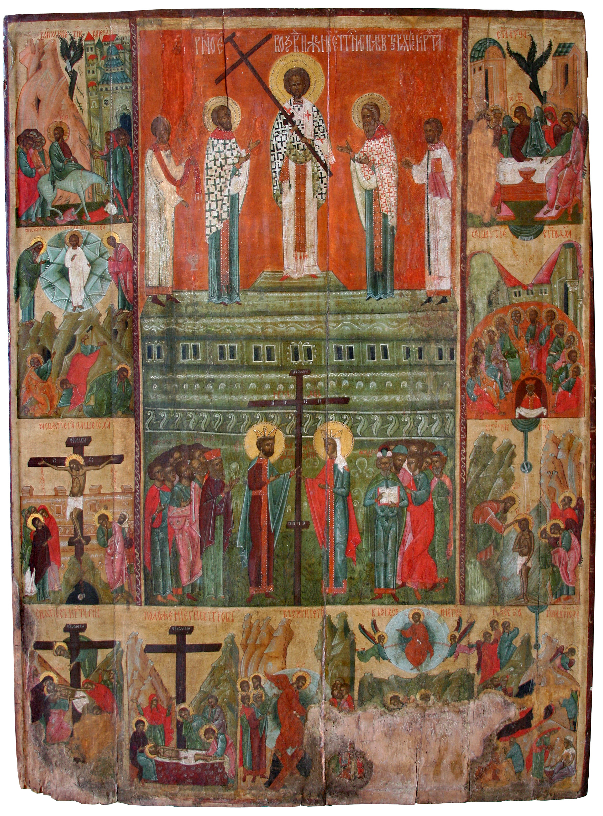 The Exaltation of The Holy Cross with the biblical scenes. 15th century. From the church in Zdvyzhen (Poland). 152.5 x 117 cm. Board, gesso, tempera, gilding (source: Andrei Sheptytskyi National Museum in Lviv).